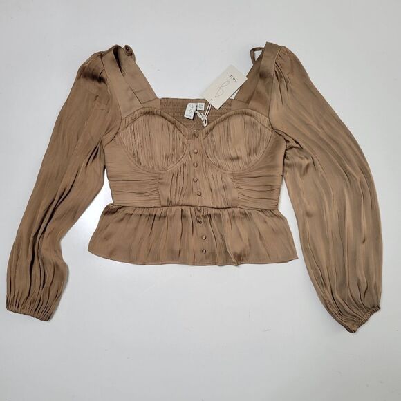 NEW JOIE TAUPE SILK FEEL SMOCKED CORSET PEASANT BLOUSE ULLA TOP M MEDIUM NWT - Picture 6 of 11